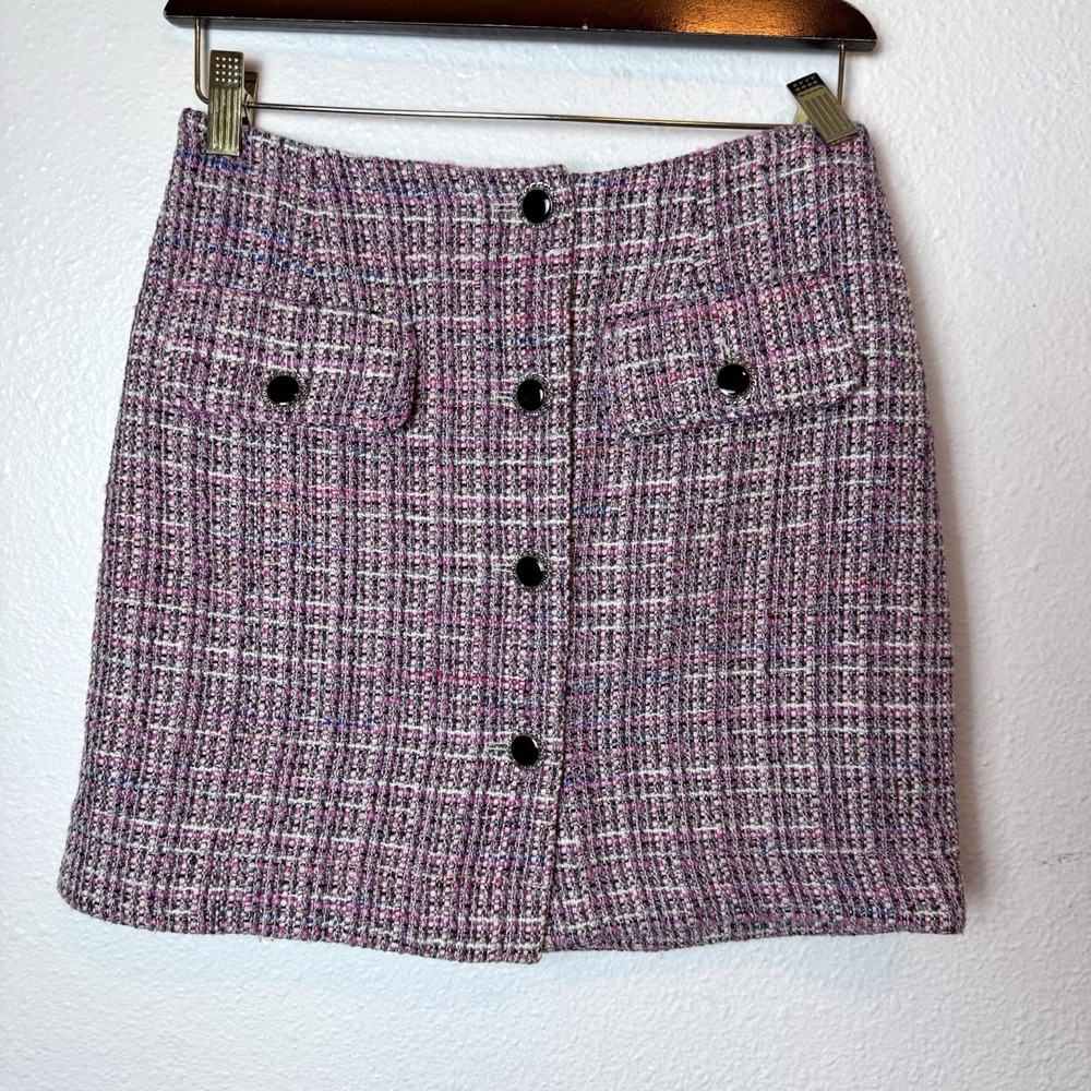 Avec Les Filles Pink Tweed Mini Skirt Womens‎ Small Wool Blend Black Rhinestone